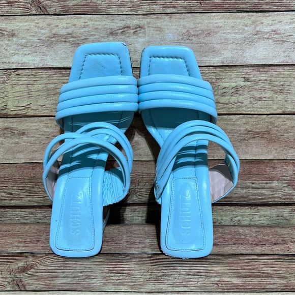 Schutz Blue Leather Square Toe Heels - Picture 7 of 8